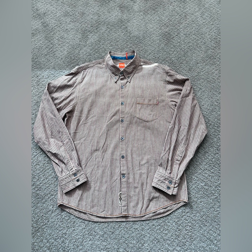 BOSS Hugo Boss Button Down Pocket Shirt Striped Orange Grey - Size XXL